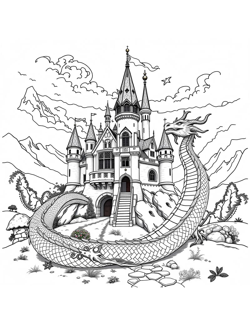 Castle With Dragon - Coloring Sheet
