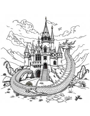 Castle With Dragon - Coloring Sheet